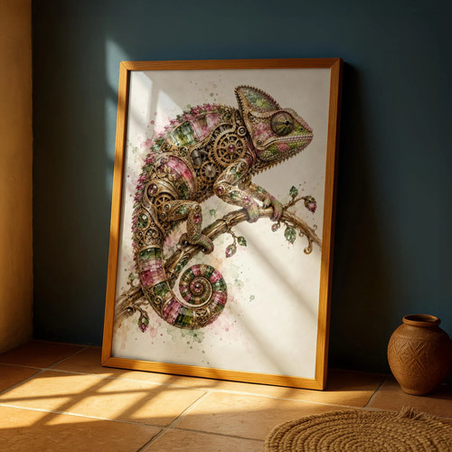 Steampunk chameleon art print - chameleon,